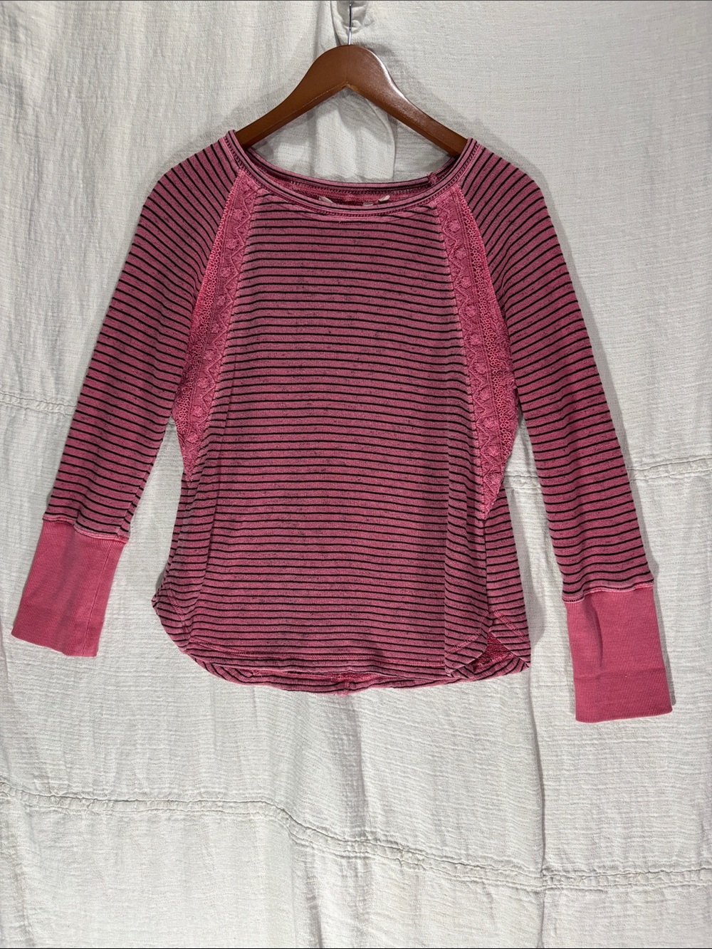 Soft Surroundings Rose Pink and Black Striped Lace-Panel Long Sleeve TeeXSPetite